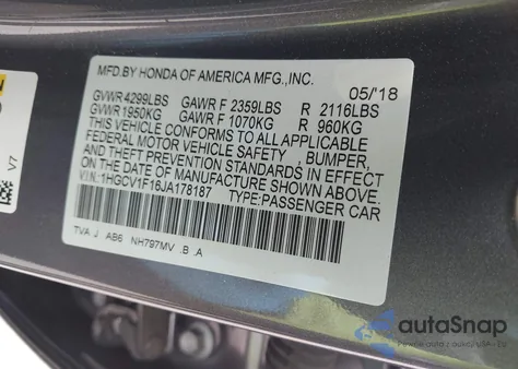 2018 Honda Accord Lx from USA, damaged, VIN 1HGCV1F16JA178187